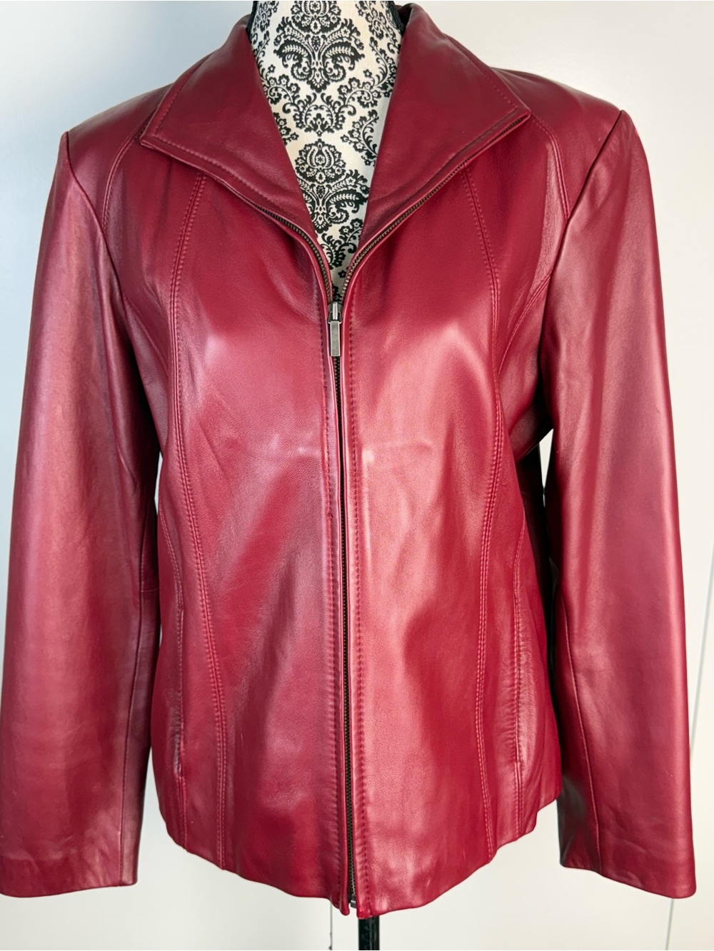 Women's Red Leather Zip-Front Jacket size large